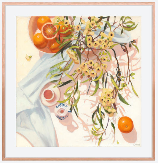 framed giclee print artowr by kirsty mcintyre featuring gum blossom and blood oranges and blue and white china