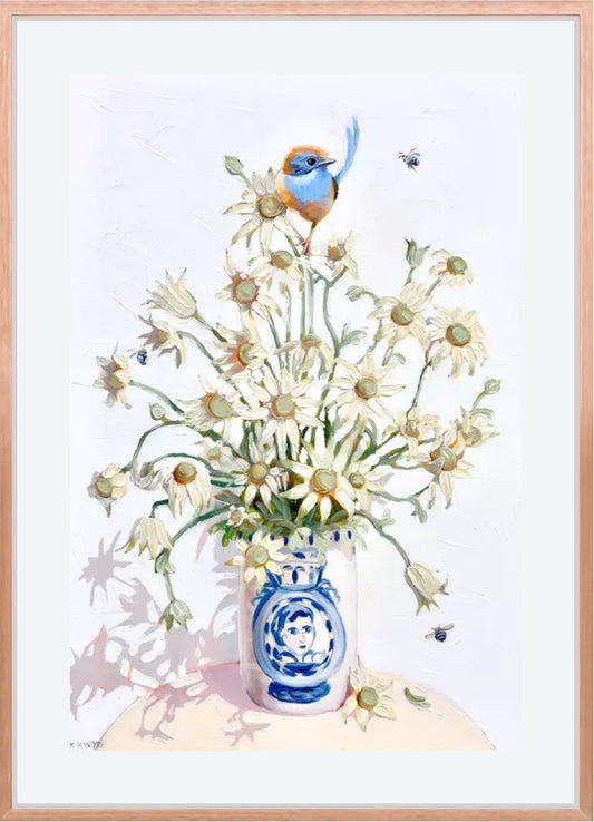 Framed artwork of a vase with flowers and a bird on a white background- original design by Australian artist, Kirsty McIntyre featuring an emu wren, blue wren with flannel flowers in a Danielle Lovatt vase