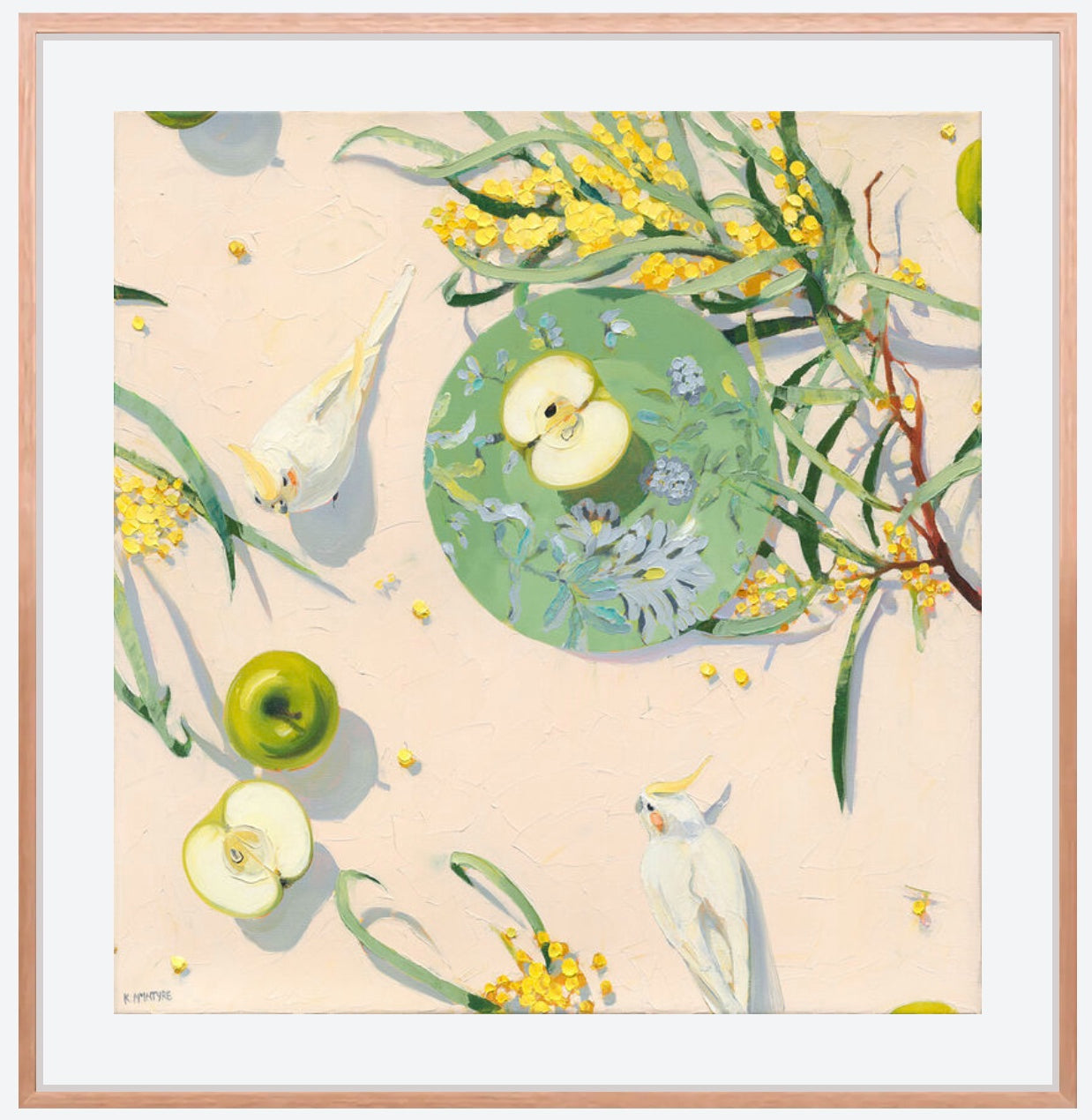 framed giclee print by Kirsty McIntyre featuring artwork with cockatiels, apples, wattle flowers and a jasper conron plate