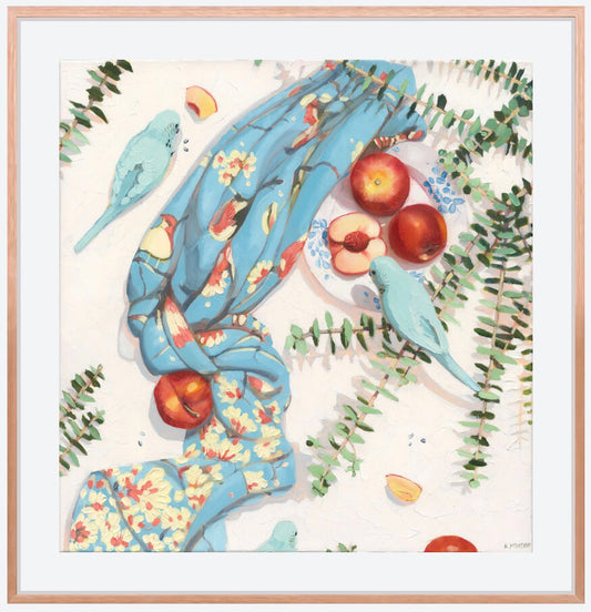 framed artwork giclee print featuring australian birds and flowers and fruit budgerigars budgies spinning gum