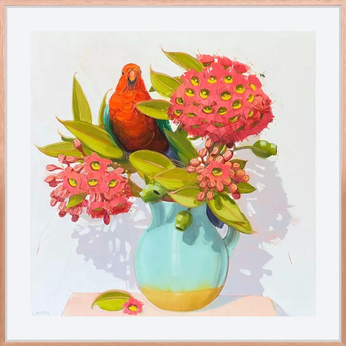 king parrot with red gum blossom limited edition print giclee by australian artist, kirsty mcintyre