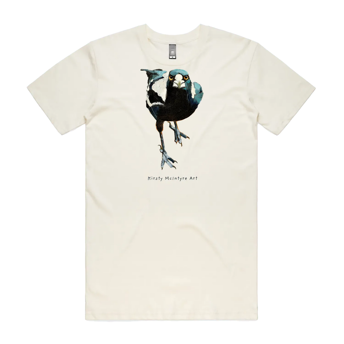 Natural front flat lay featuring an australian fierce staring magpie design by Kirsty McIntyre Art