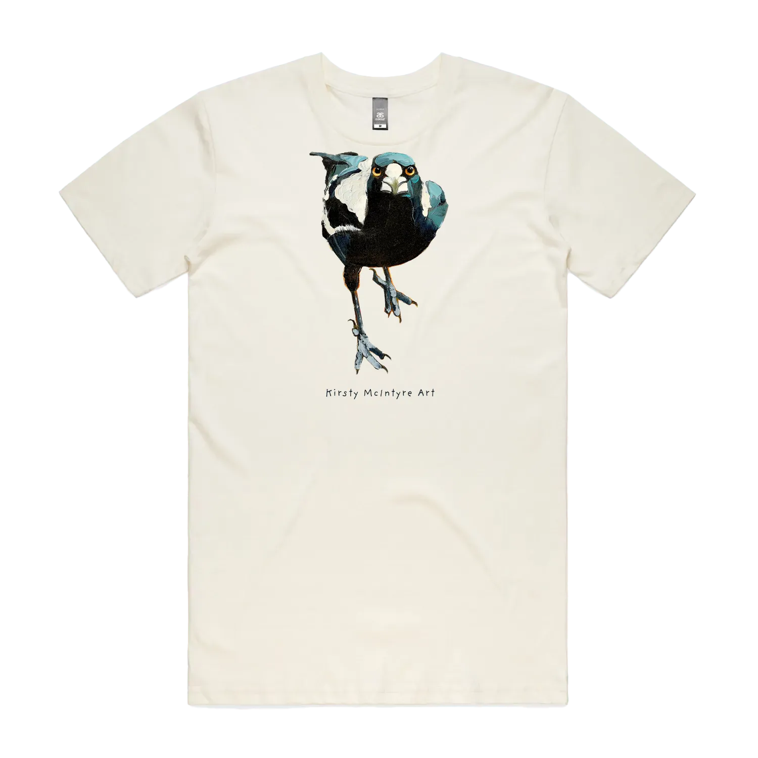 Natural front flat lay featuring an australian fierce staring magpie design by Kirsty McIntyre Art