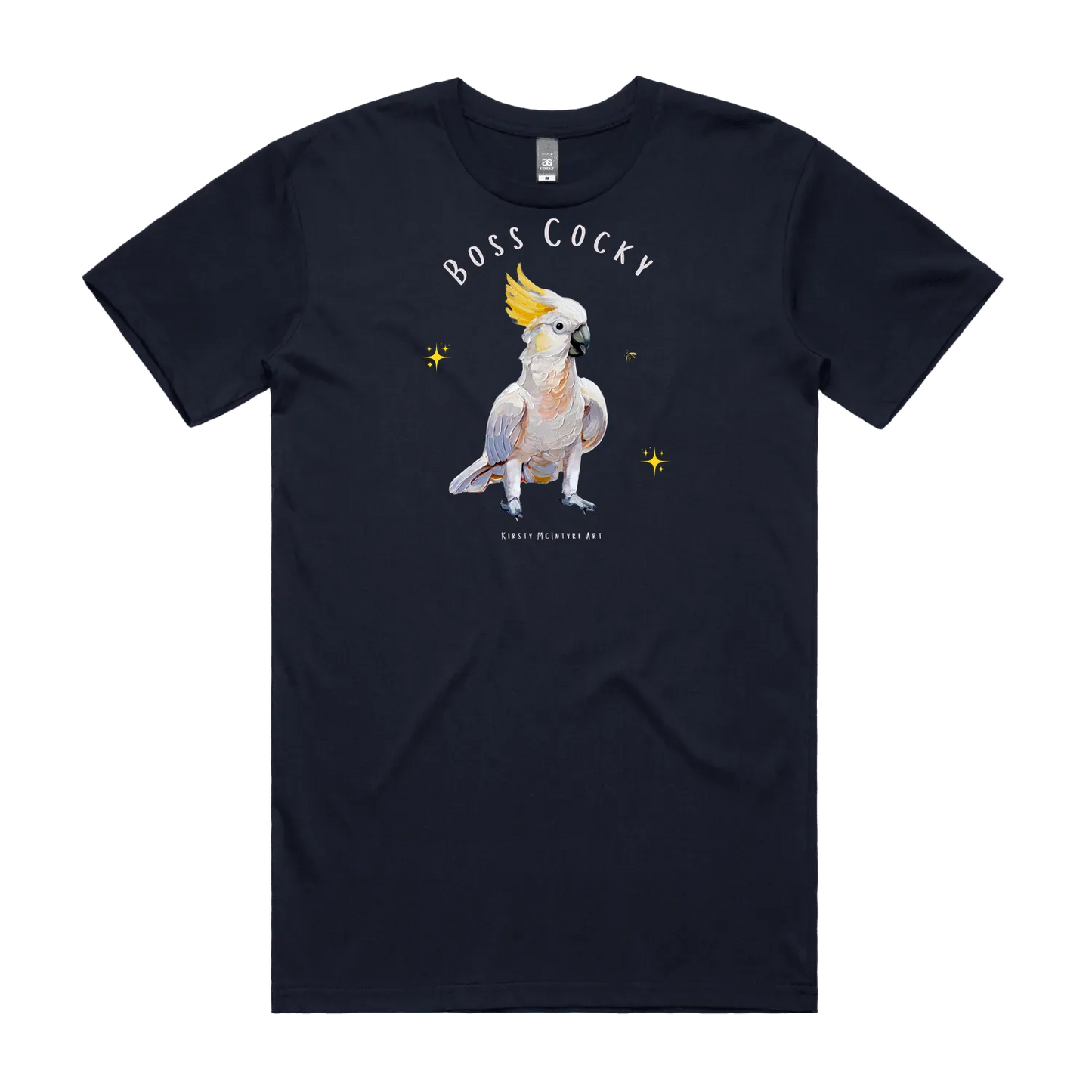 Navy front flat layt-shirt with a parrot graphic and text 'Boss Cocky' Original cockatoo tshirt design by artist, Kirsty McIntyre, australian.