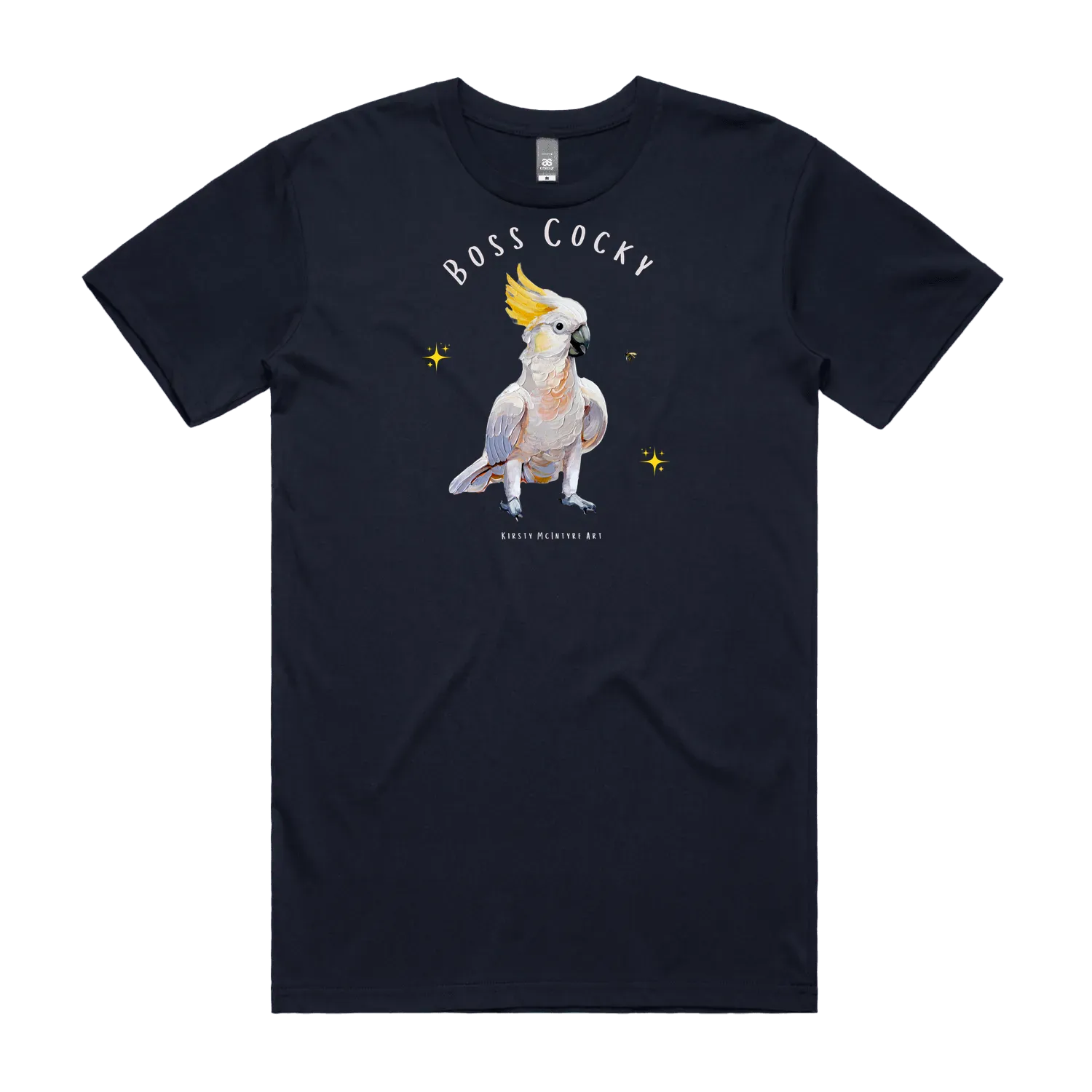 Navy front flat layt-shirt with a parrot graphic and text 'Boss Cocky' Original cockatoo tshirt design by artist, Kirsty McIntyre, australian.