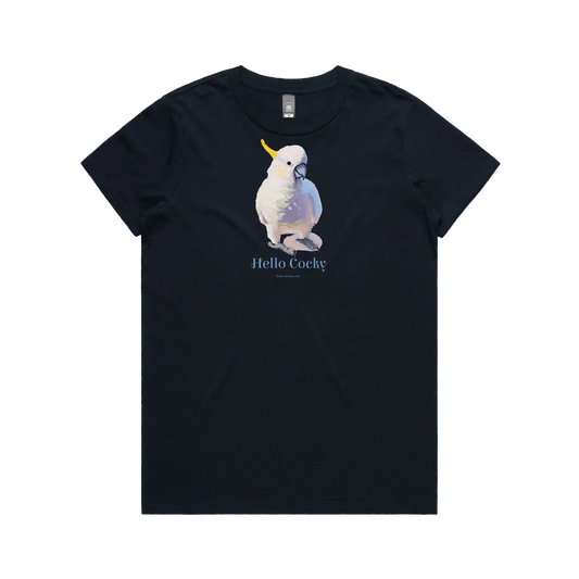 Navy front flat lay featuring a cockatoo with "Hello cocky" text original design by popular australian bird artist Kirsty McIntyre