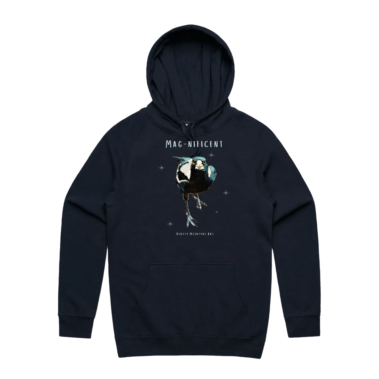 Navy front flat lay featuring original magnificent magpie design by popular australian bird artist, Kirsty McIntyre