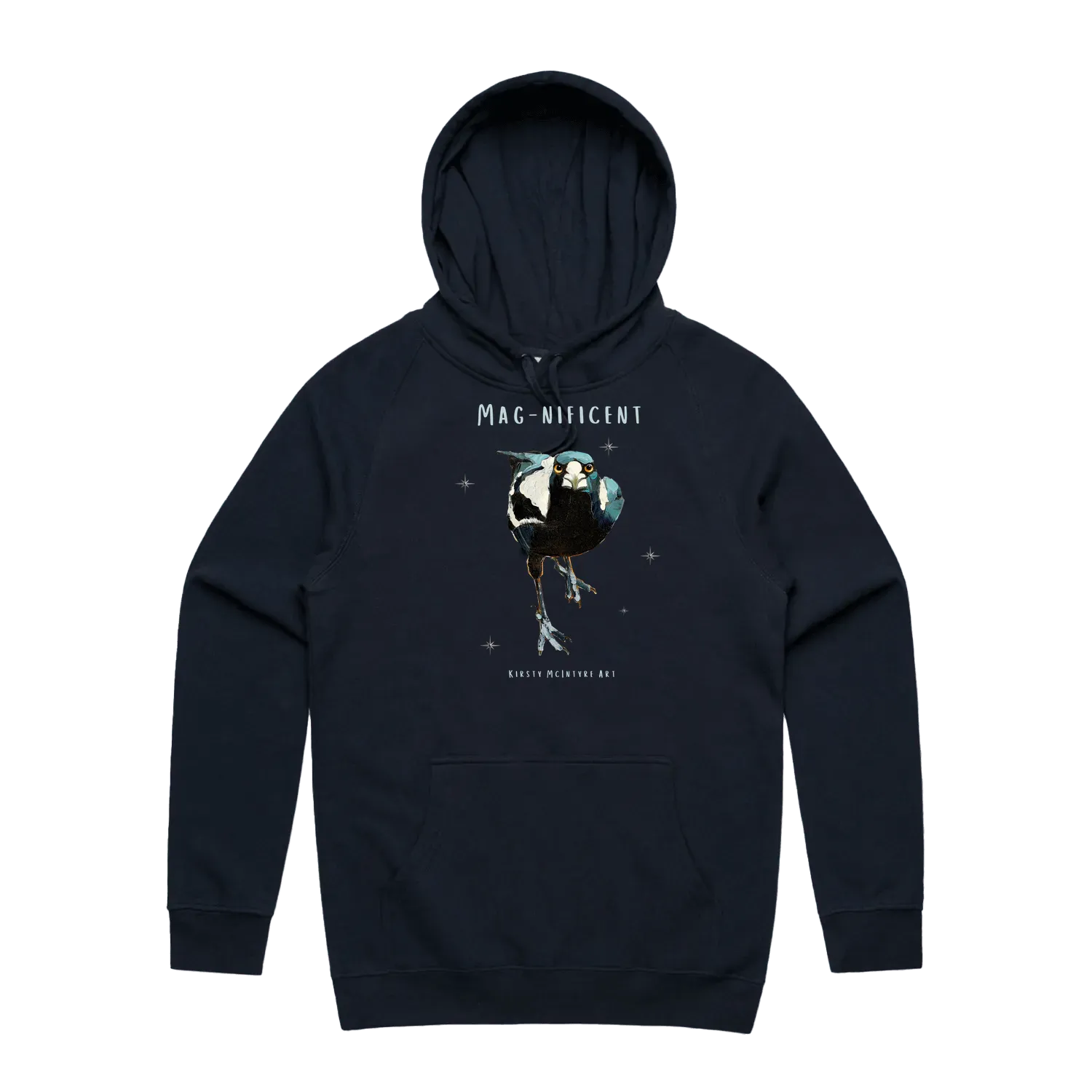 Navy front flat lay featuring original magnificent magpie design by popular australian bird artist, Kirsty McIntyre