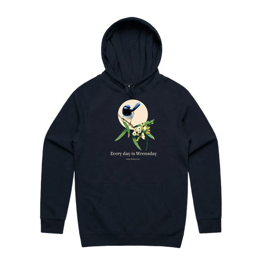 Navy blue hoodie with a superb blue wren bird design and text 'Every day is Wrensday' on a branch with leaves and flowers. original desing by artist australian Kirsty McIntyre