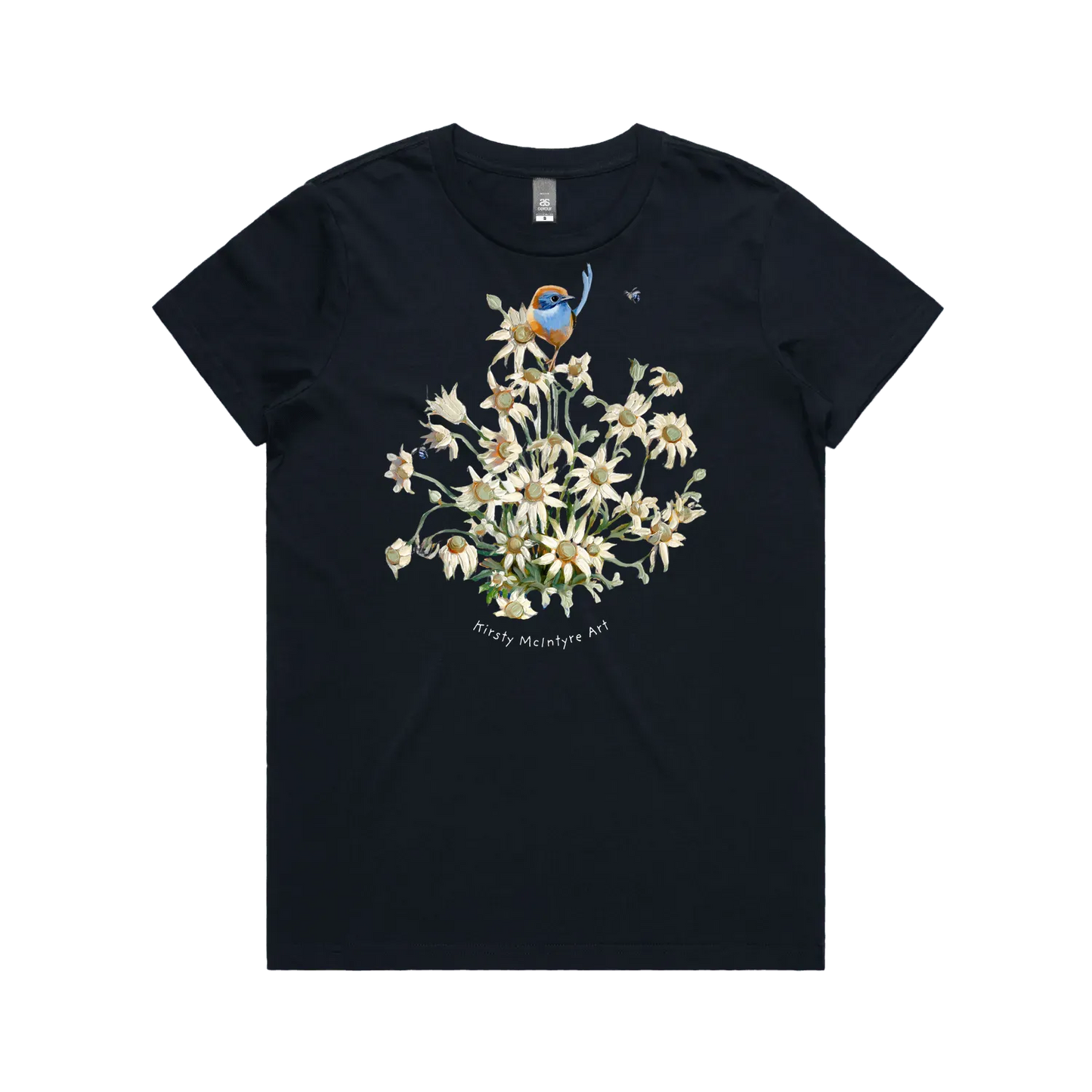 Navy front flat lay featuring a beautiful graphic design of a  blue wren emu wren by australian artist, Kirsty McIntyre