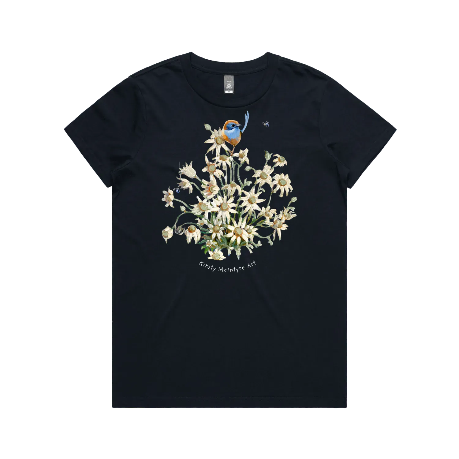 Navy front flat lay featuring a beautiful graphic design of a  blue wren emu wren by australian artist, Kirsty McIntyre