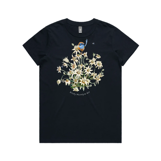 Navy front flat lay featuring a beautiful graphic design of a  blue wren emu wren by australian artist, Kirsty McIntyre