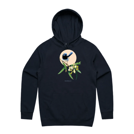 Navy front flat lay of a superb blue wren on a hoodie in an original design by popular australian bird artist, Kirsty McIntyre