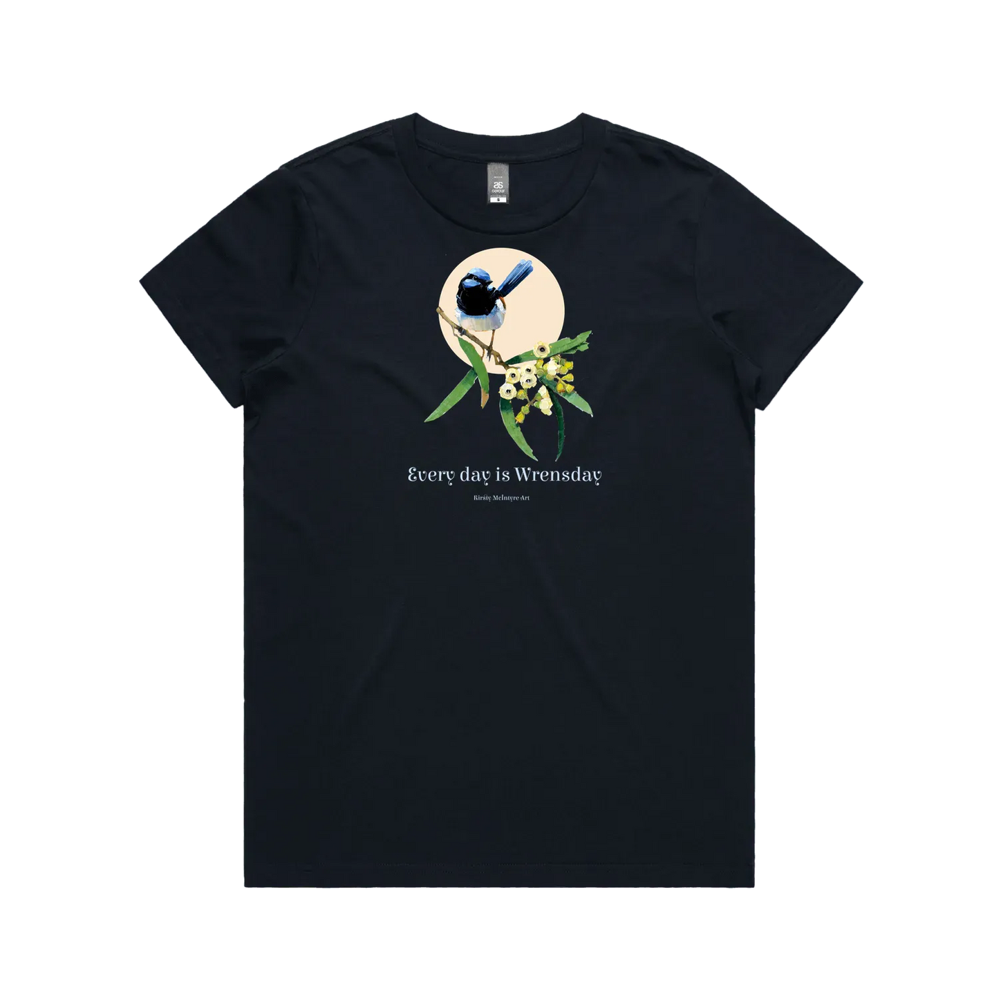 Navy front flat lay tee tshirtblue wren superb Bird perched on a branch with flowers and leaves on a light pink background, featuring the text 'Every day is Wrensday'. original design by Kirsty McIntyre