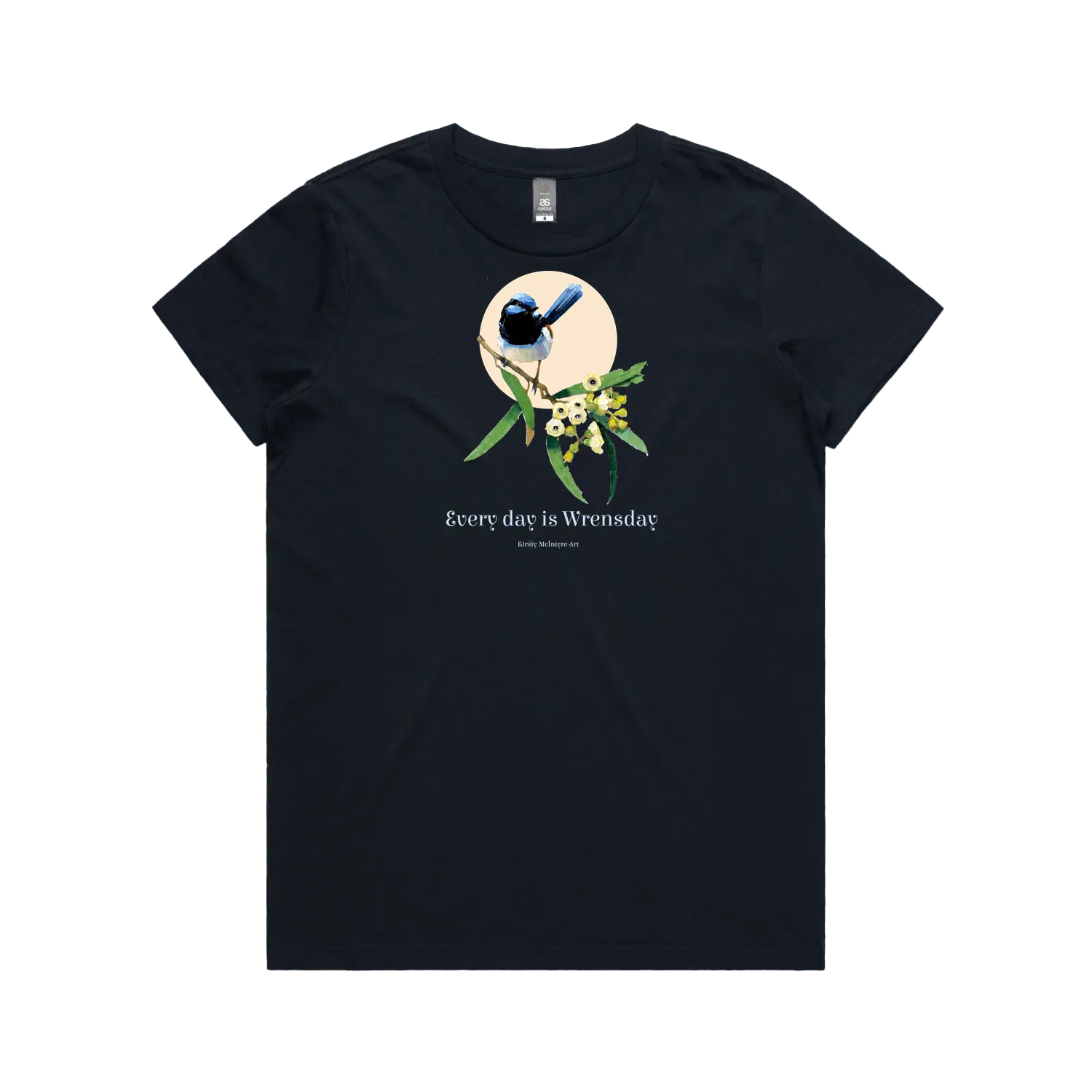 Navy front flat lay tee tshirtblue wren superb Bird perched on a branch with flowers and leaves on a light pink background, featuring the text 'Every day is Wrensday'. original design by Kirsty McIntyre