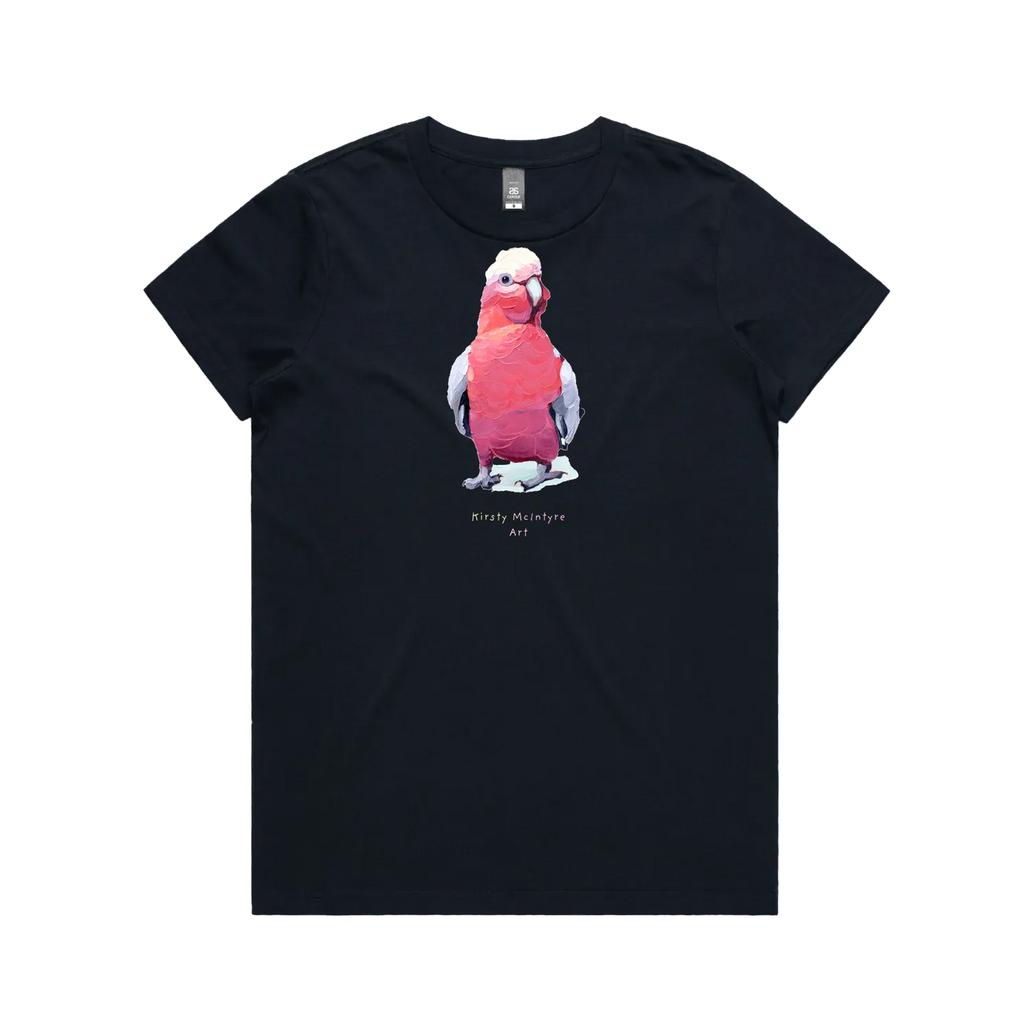 Navy front flat layfeaturing original  pink galah bird graphic design by Australian artist, Kirsty McIntyre