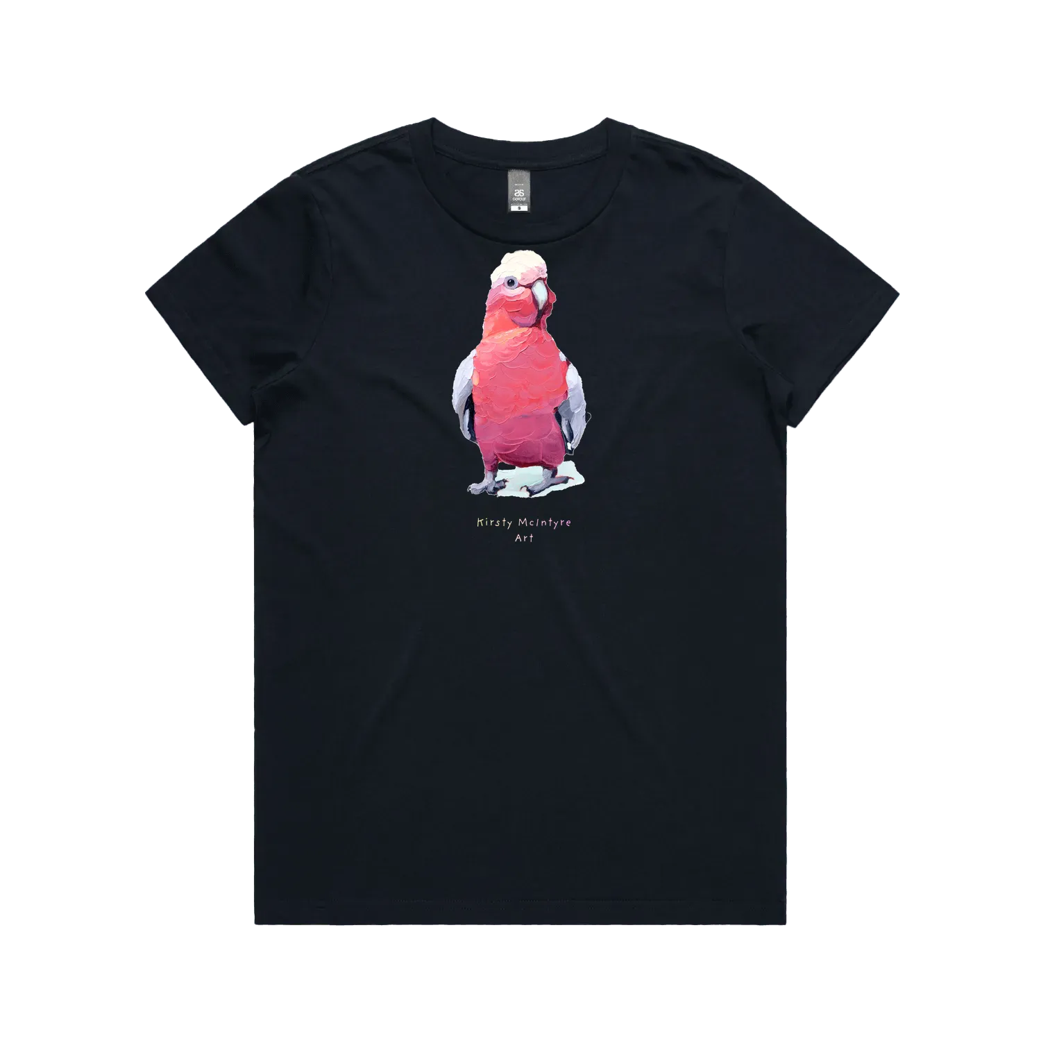Navy front flat layfeaturing original  pink galah bird graphic design by Australian artist, Kirsty McIntyre
