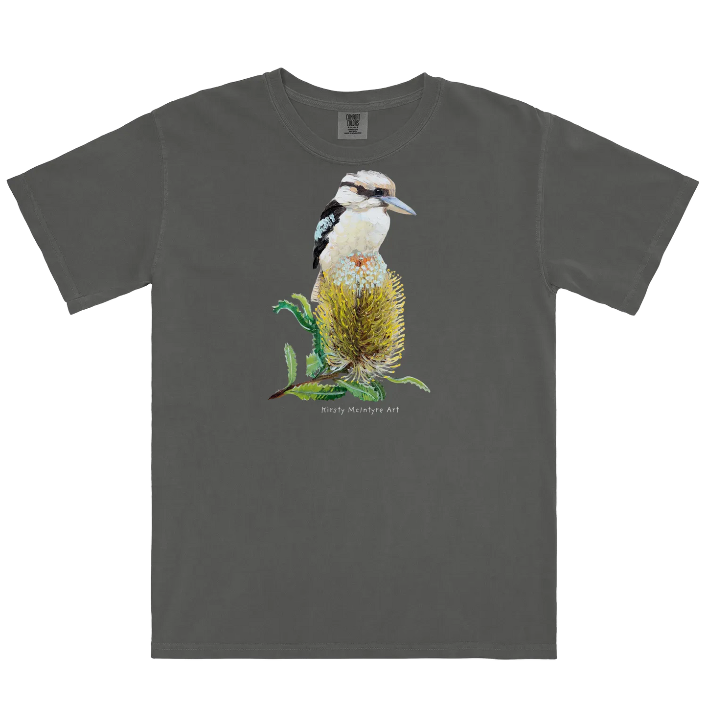 Pepper front flat lay featuring original australian bird artwork graphic by Kirsty Mcintyre, of a kookaburra perched on a banksia