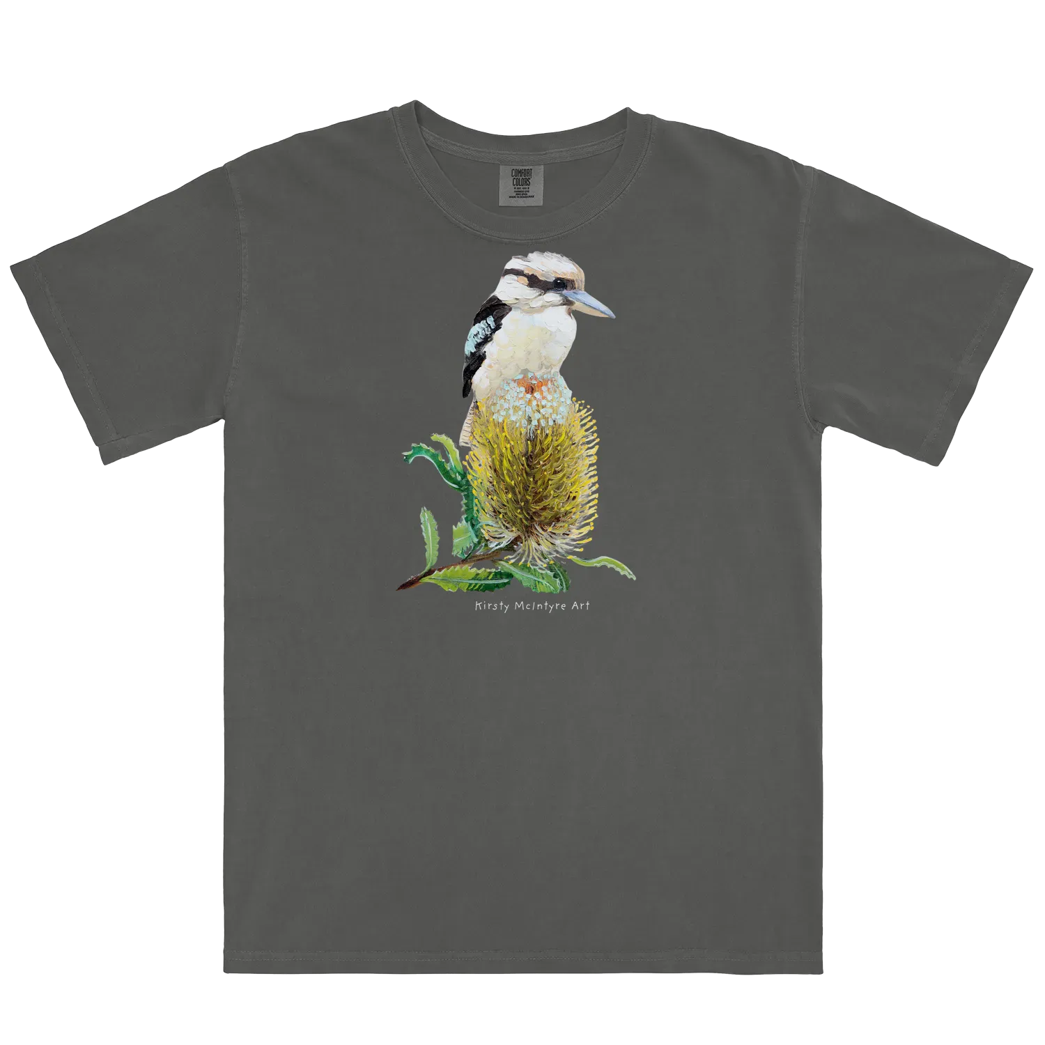 Pepper front flat lay featuring original australian bird artwork graphic by Kirsty Mcintyre, of a kookaburra perched on a banksia