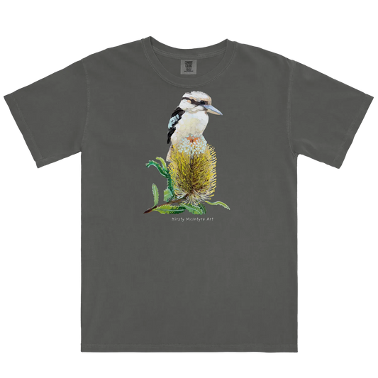 Pepper front flat lay featuring original australian bird artwork graphic by Kirsty Mcintyre, of a kookaburra perched on a banksia