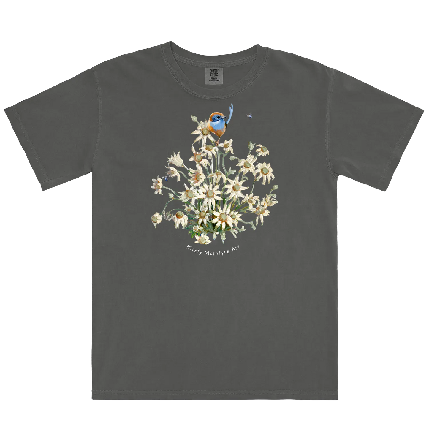 Pepper front flat lay featuring a blue wren with flannel flowers original design by Kirsty McIntyre art