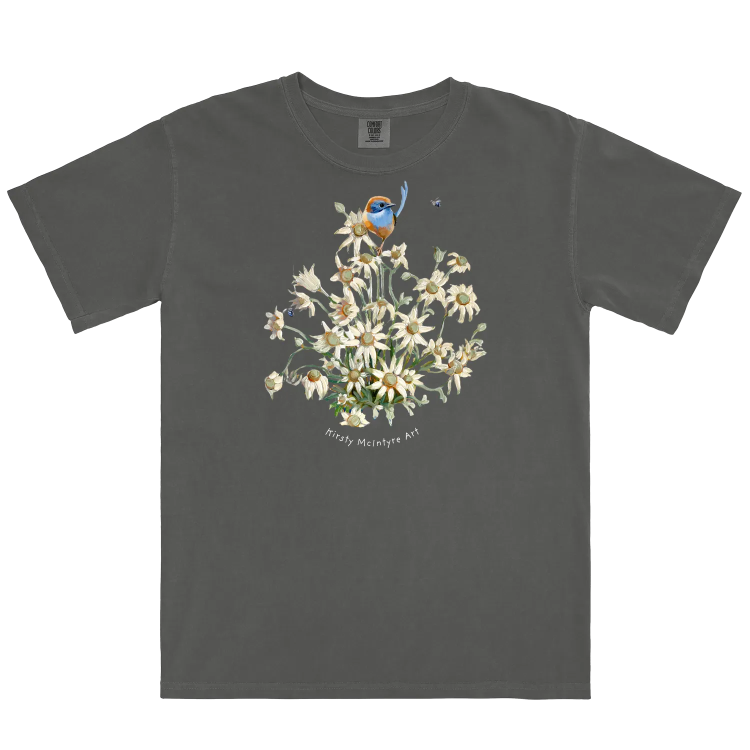 Pepper front flat lay featuring a blue wren with flannel flowers original design by Kirsty McIntyre art