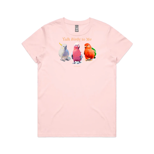 Pink front flat lay of an original tshirt design by Kirsty McIntyre "talk birdy to me" text with a  cockatoo, galah and king parrot