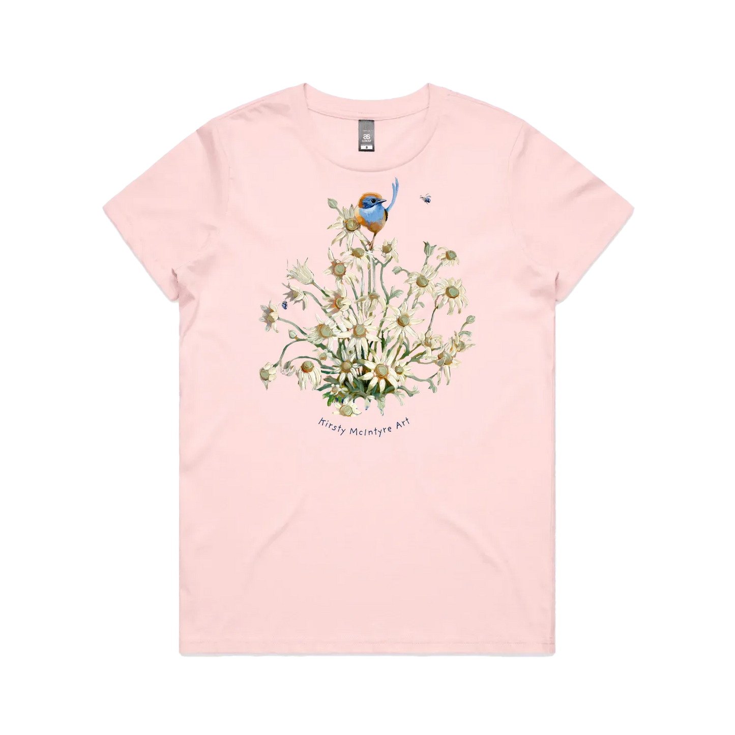 Pink front flat lay featuring original blue wren emu wren with flannel flowers design by australian bird artist, Kirsty McIntrye