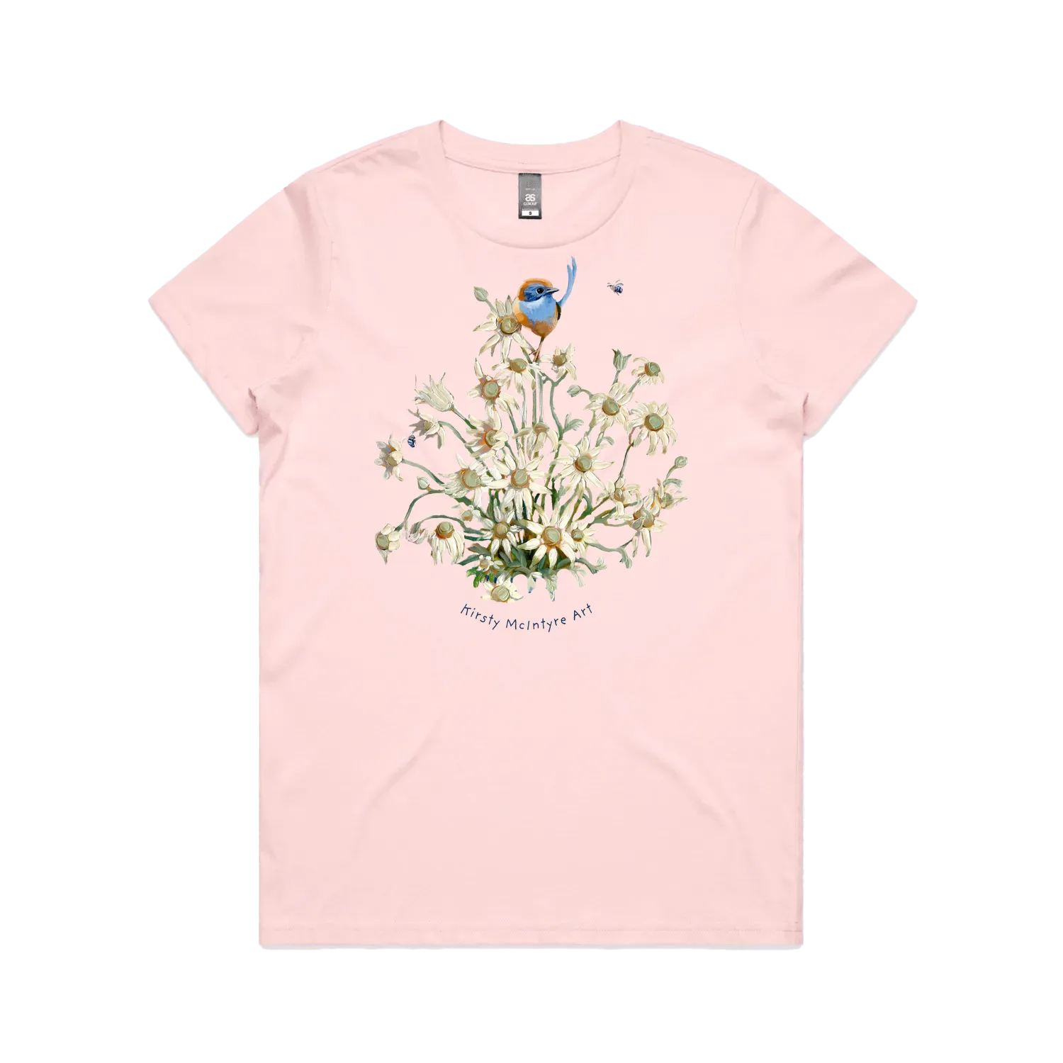 Pink front flat lay featuring original blue wren emu wren with flannel flowers design by australian bird artist, Kirsty McIntrye