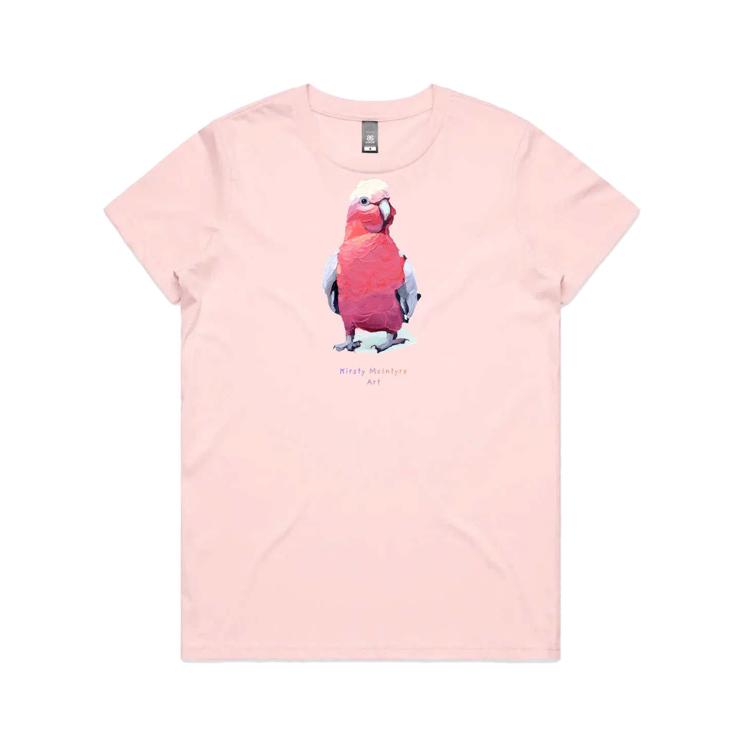 Pink front flat lay featuring original  pink galah bird graphic design by Australian artist, Kirsty McIntyre