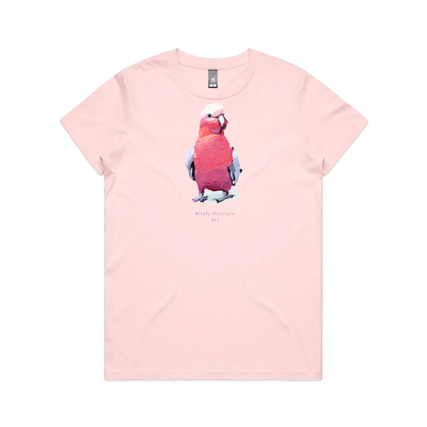 Pink front flat lay featuring original  pink galah bird graphic design by Australian artist, Kirsty McIntyre