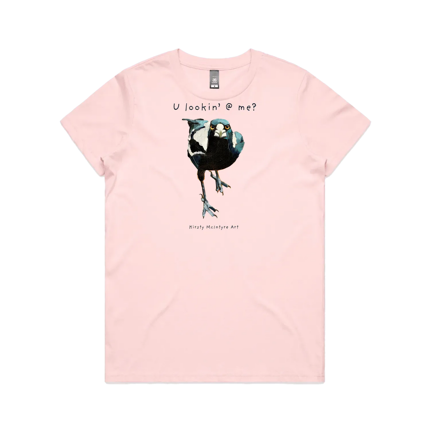 Pink front flat lay featuring an original magpaie graphic by Australian bird artist, Kirsty McIntyre