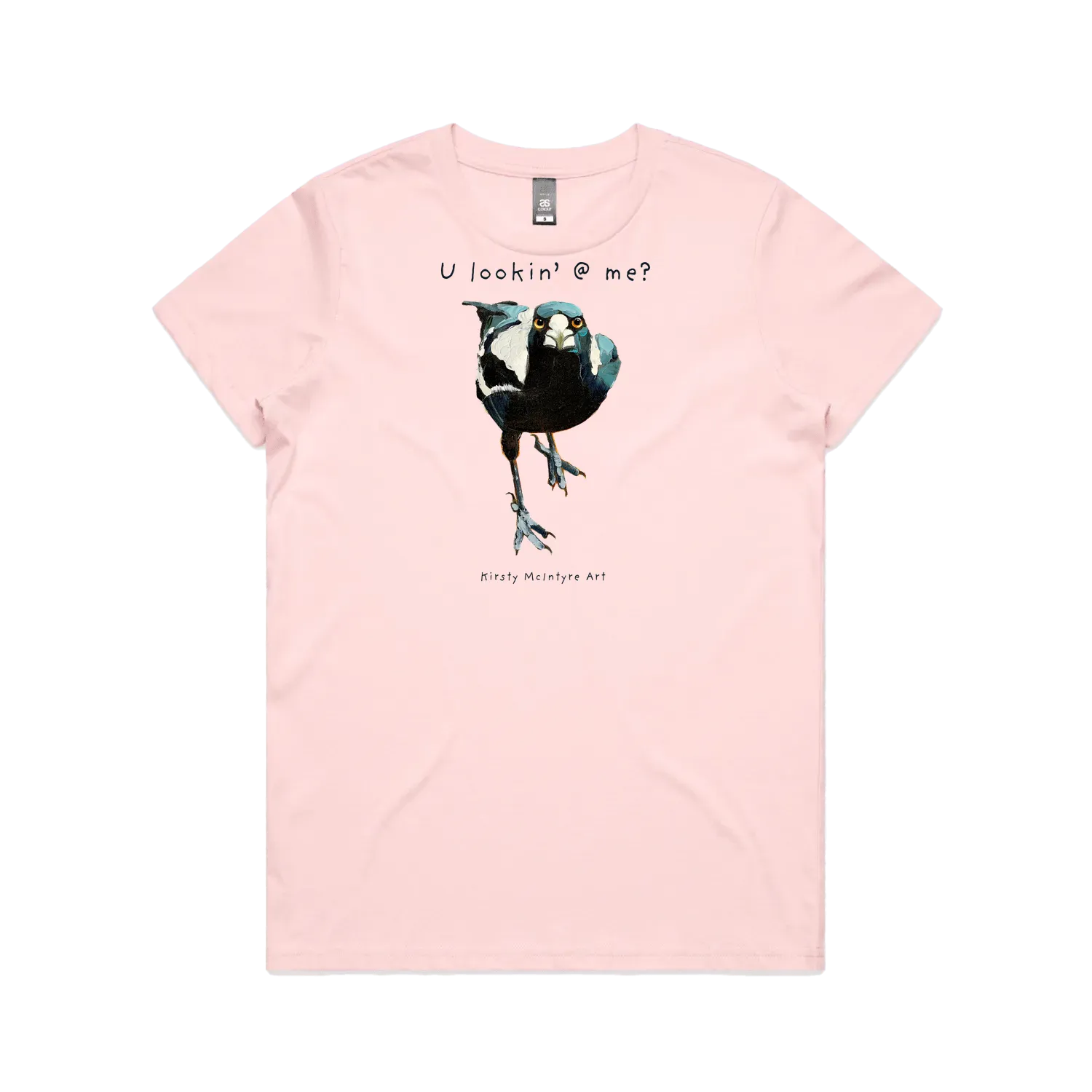 Pink front flat lay featuring an original magpaie graphic by Australian bird artist, Kirsty McIntyre