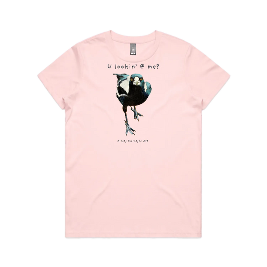 Pink front flat lay featuring an original magpaie graphic by Australian bird artist, Kirsty McIntyre
