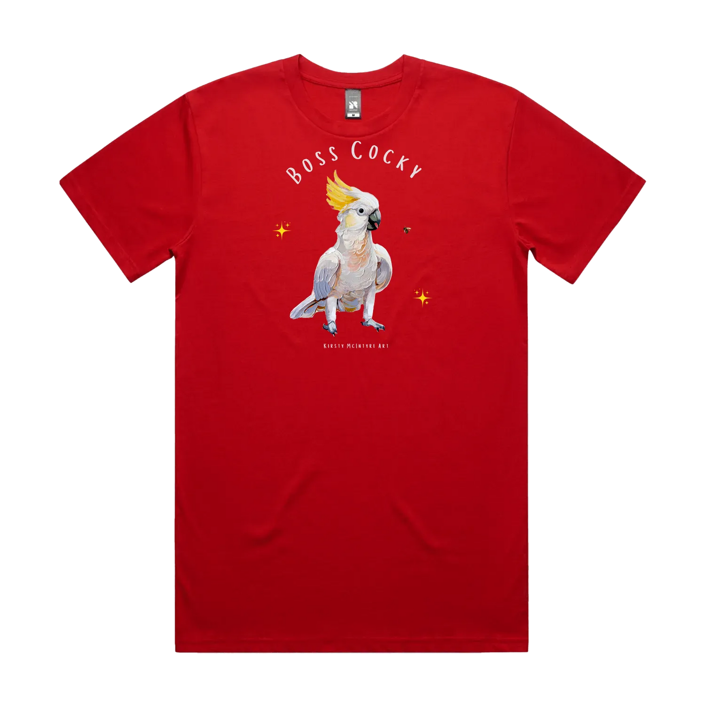 Red front flat layt-shirt with a parrot graphic and text 'Boss Cocky' Original cockatoo tshirt design by artist, Kirsty McIntyre, australian.