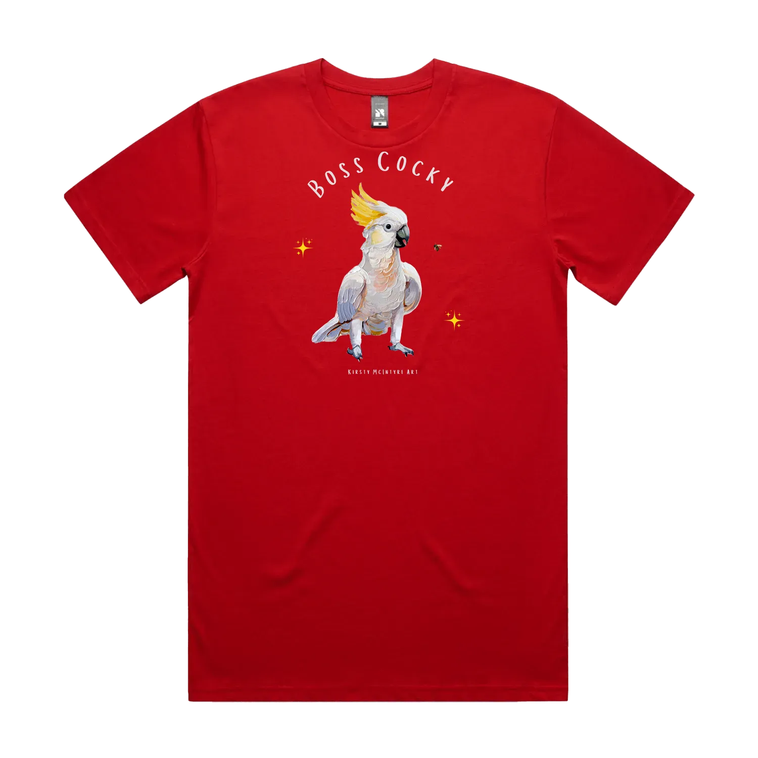 Red front flat layt-shirt with a parrot graphic and text 'Boss Cocky' Original cockatoo tshirt design by artist, Kirsty McIntyre, australian.
