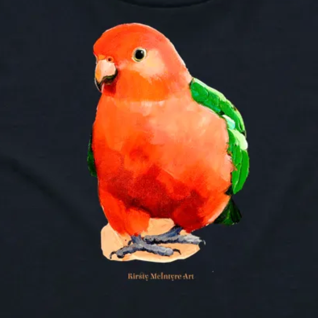 Illustration of a red parrot with green wings on a black background tshirt deign by kirsty mcintyre australian king parrot