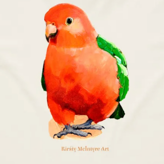 Colorful king parrot tshirt illustration with 'Kirsty McIntyre Art' signature.