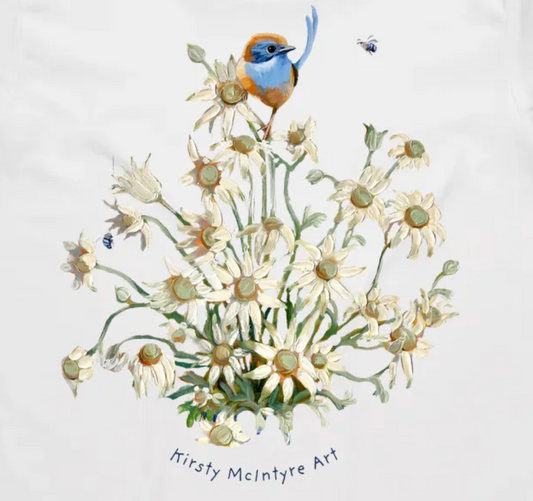 Illustration of a bird perched on flowers with 'Kirsty McIntyre Art' signature.featuring an emu blue wren with flannel flowers, an original design by Australian bird artist, Kirsty McIntyre