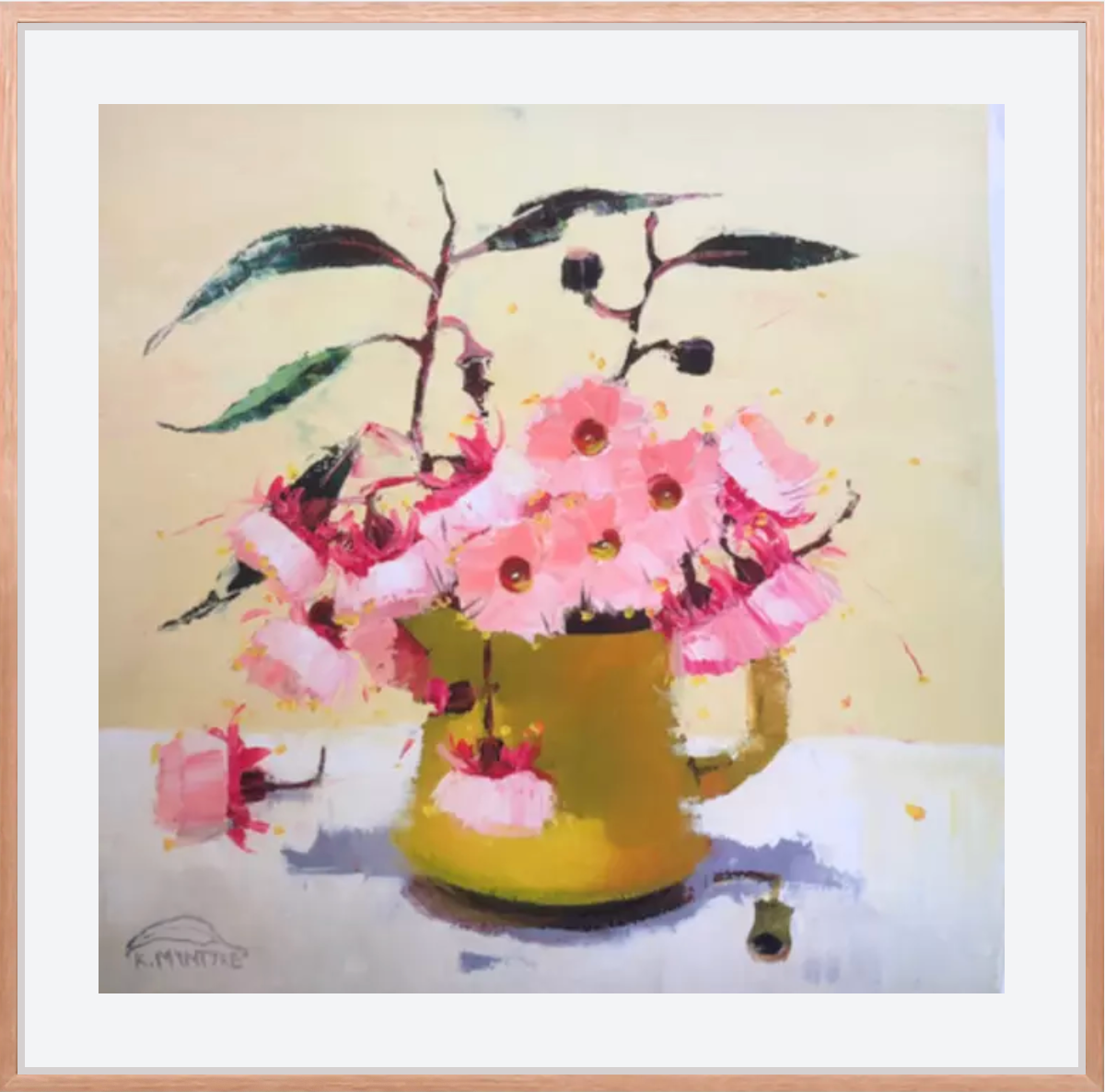 Framed artwork of a still life with pink flowers in a green vase on a light background. Giclee print of gum blossom in a yellow jug by Australian artist, Kirsty McIntyre