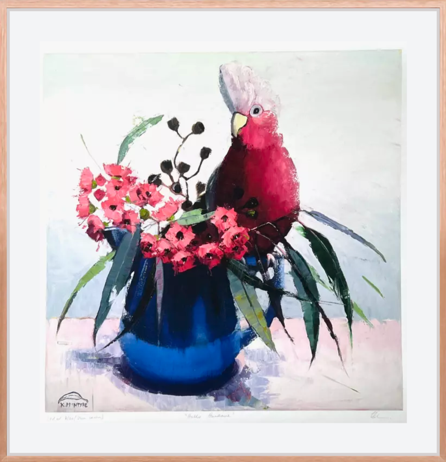 Painting of a red parrot perched on flowers with a blue vase. Giclee print reproduction of pink galah on a vase with pink gum blossom by Australian artist, Kirsty McIntyre