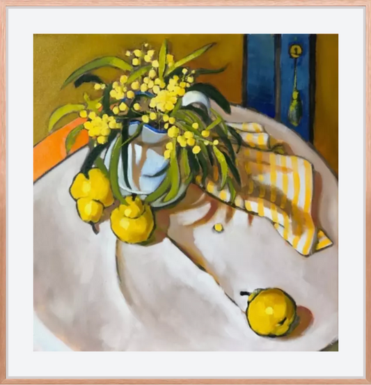 "Wattle, Pears and orange stripe"; Limited edition print; 50cm image on 55x57cm paper. Unframed.