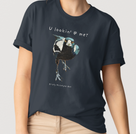 Navy blue t-shirt with a bird graphic and text on a plain background featuring an original magpaie graphic by Australian bird artist, Kirsty McIntyre