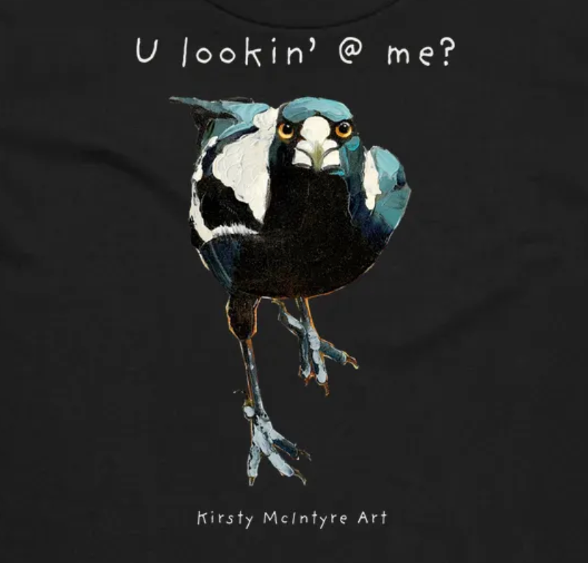 "U lookin' @ me?" womens magpie maple t-shirt