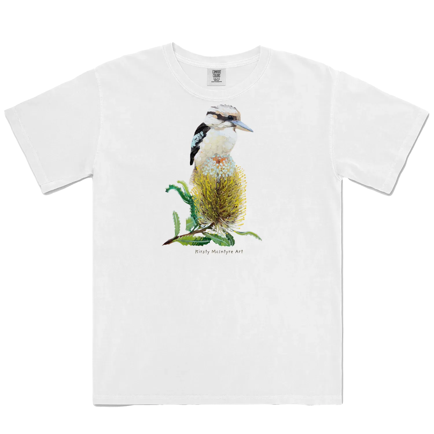 White front flat lay featuring original australian bird artwork graphic by Kirsty Mcintyre, of a kookaburra perched on a banksia