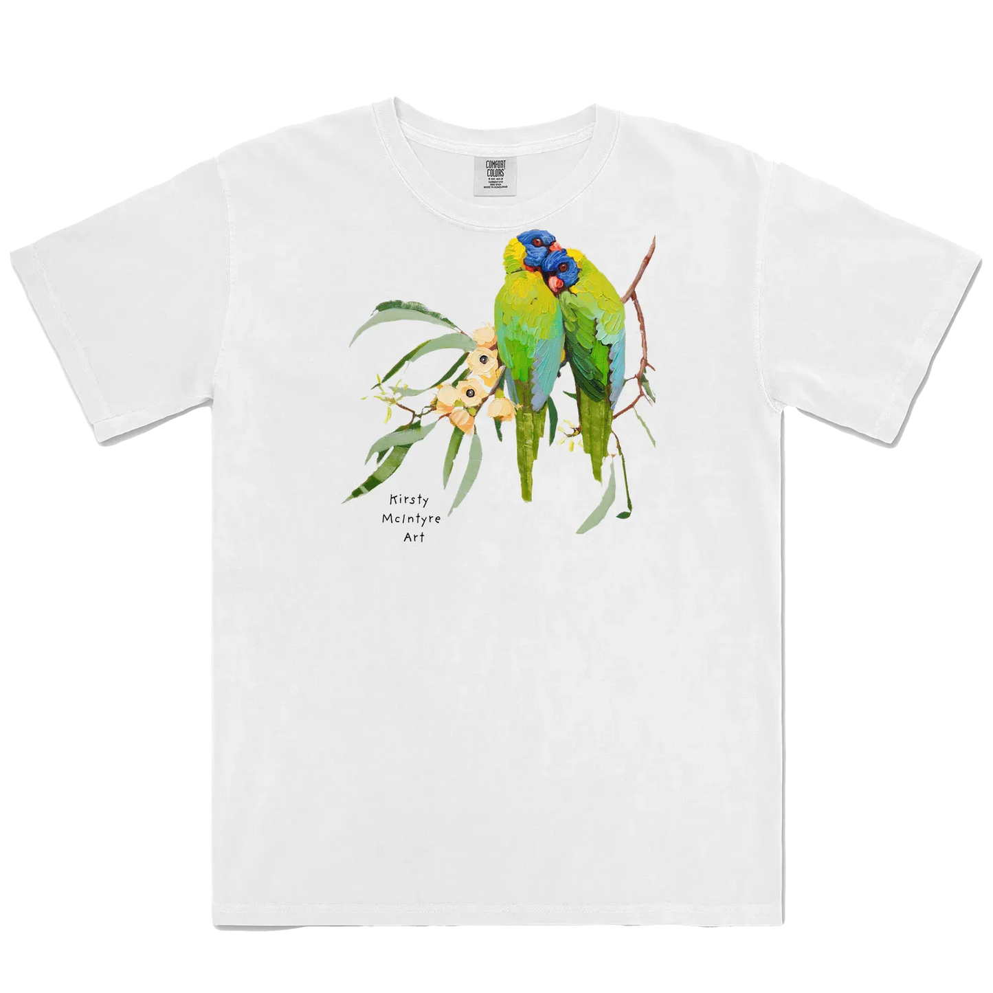 White front flat layfeaturing two rainbow lorikeets cuddling with some creamy coloured gum blossom in an original design by Australian bird lover and artist, Kirsty McIntyre