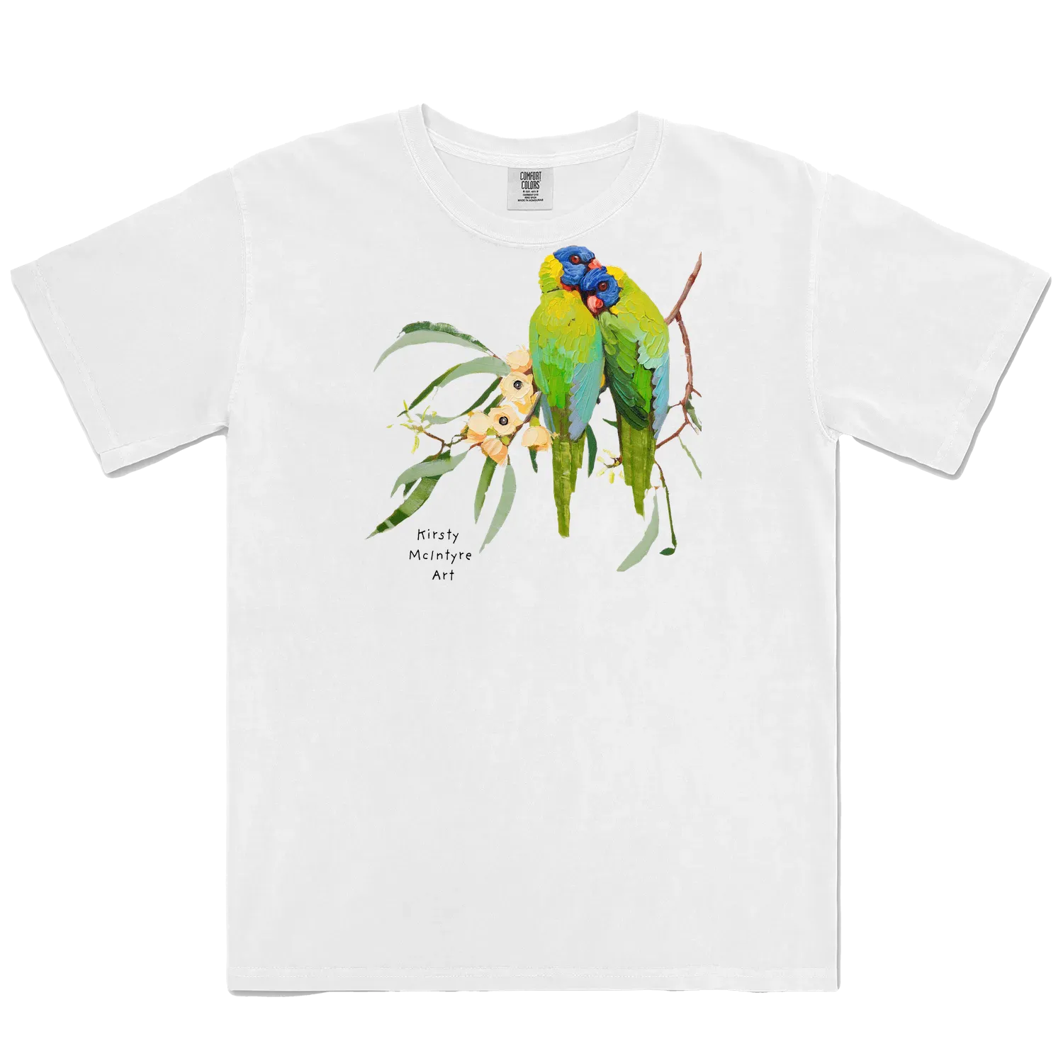 White front flat layfeaturing two rainbow lorikeets cuddling with some creamy coloured gum blossom in an original design by Australian bird lover and artist, Kirsty McIntyre