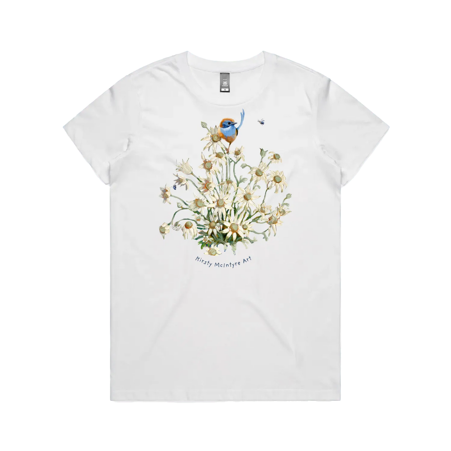 White front flat featuring original blue wren emu wren with flannel flowers design by australian bird artist, Kirsty McIntrye