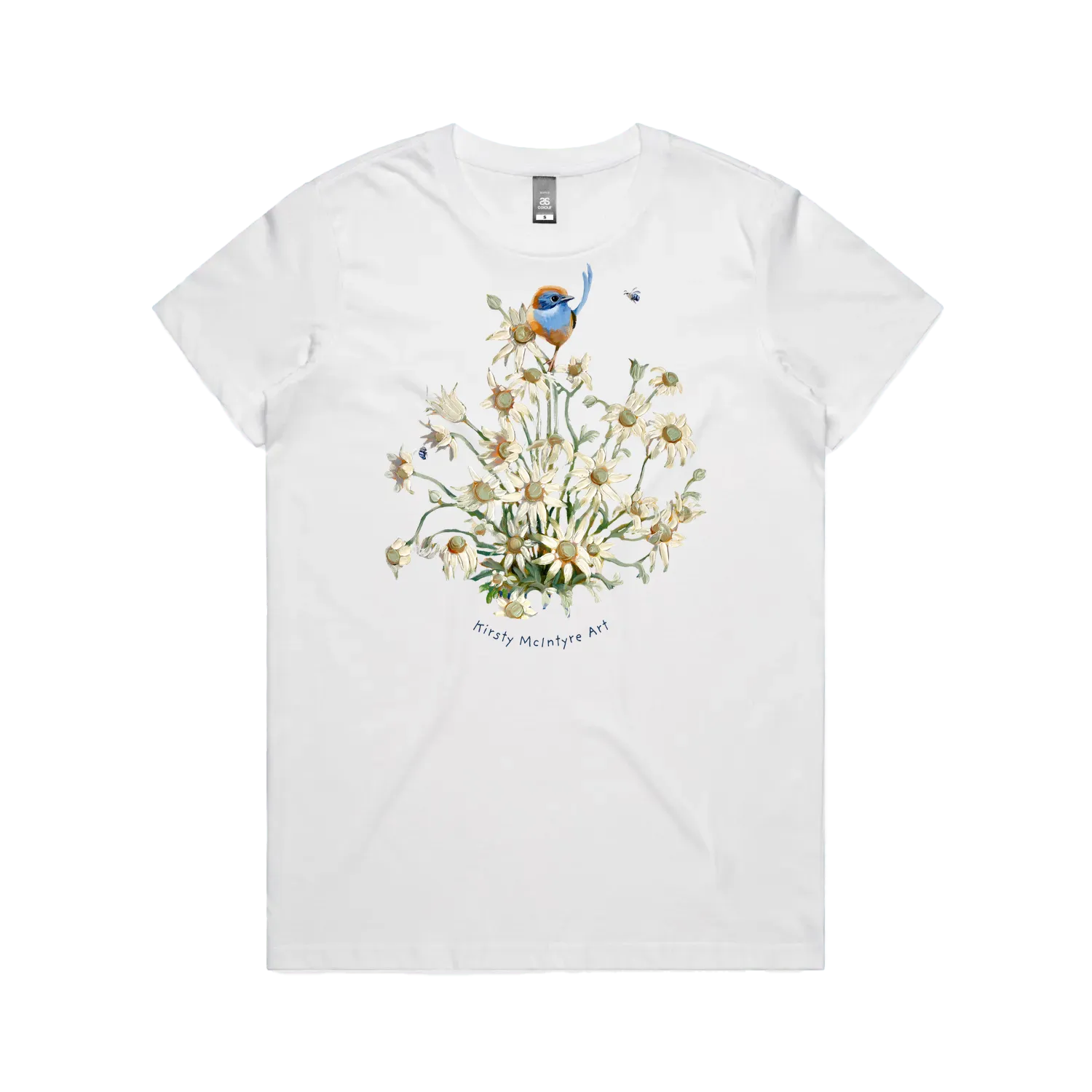 White front flat featuring original blue wren emu wren with flannel flowers design by australian bird artist, Kirsty McIntrye