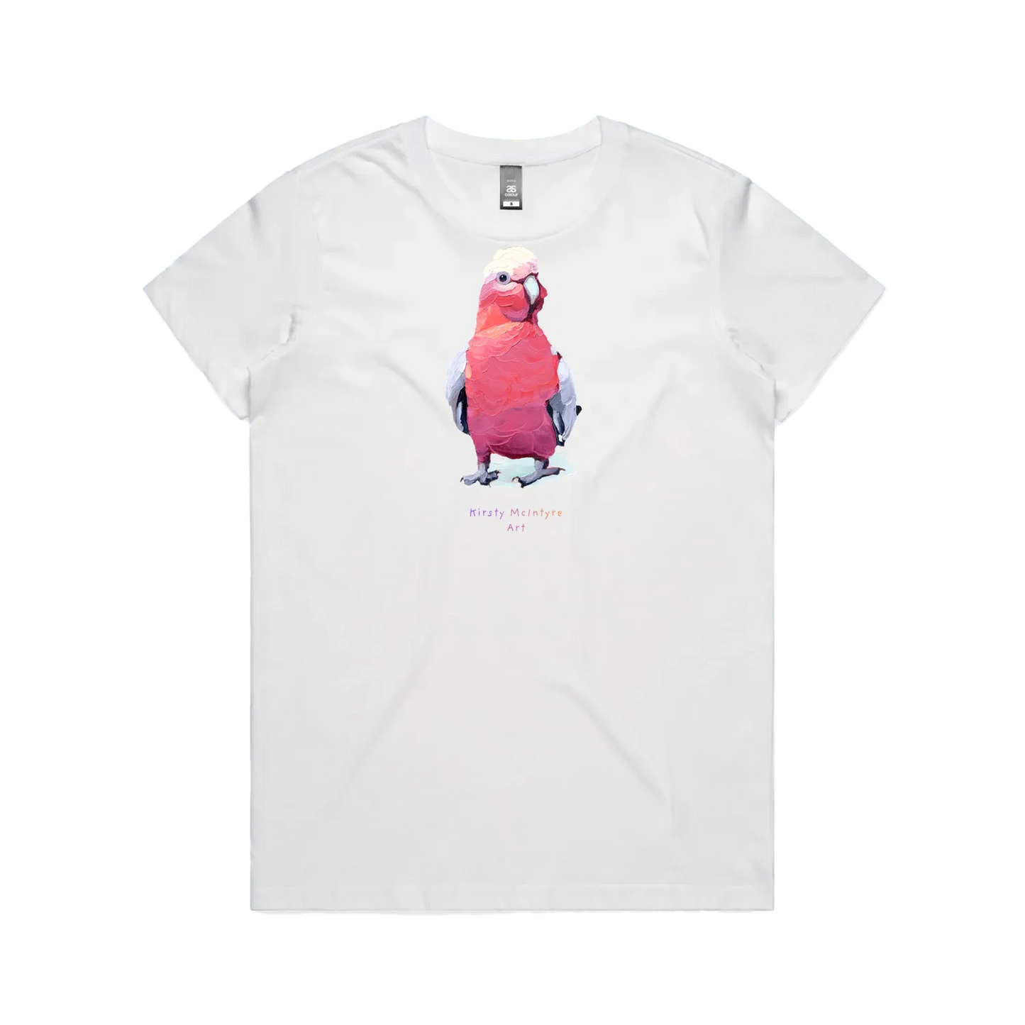 White front flat lay featuring original  pink galah bird graphic design by Australian artist, Kirsty McIntyre